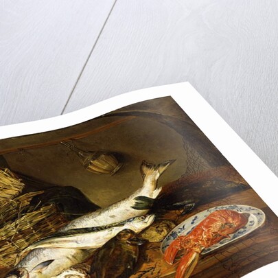 A Salmon, a Mackerel, a Lobster on a Plate, a Wicker Basket, Oysters, a Chianti Bottle and a Fisherman's Net on a Wooden Table, 1854 by Emily Stannard