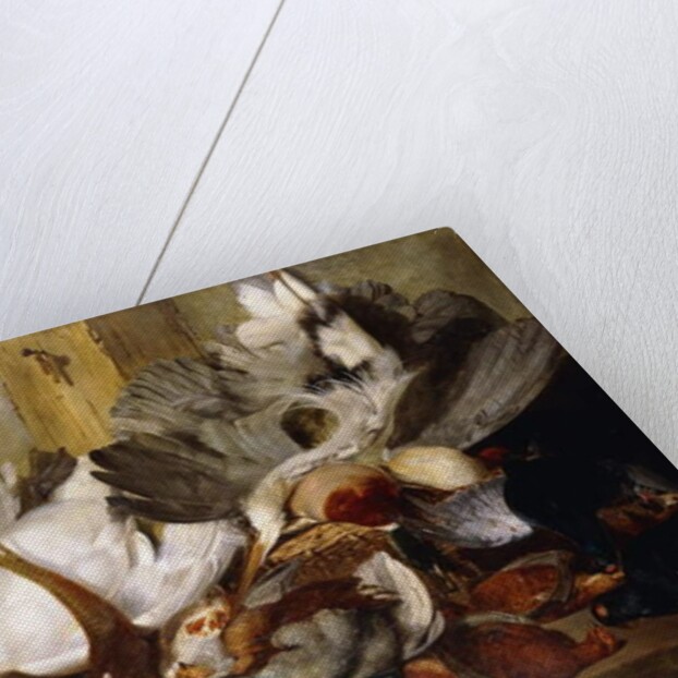 A Still Life of Dead Birds; A Heron Hanging from a Wall, Duck, Pheasant, Partridge, Woodcock, a Swan and a Pigeon with a Hare, 1845 by W. Oakes