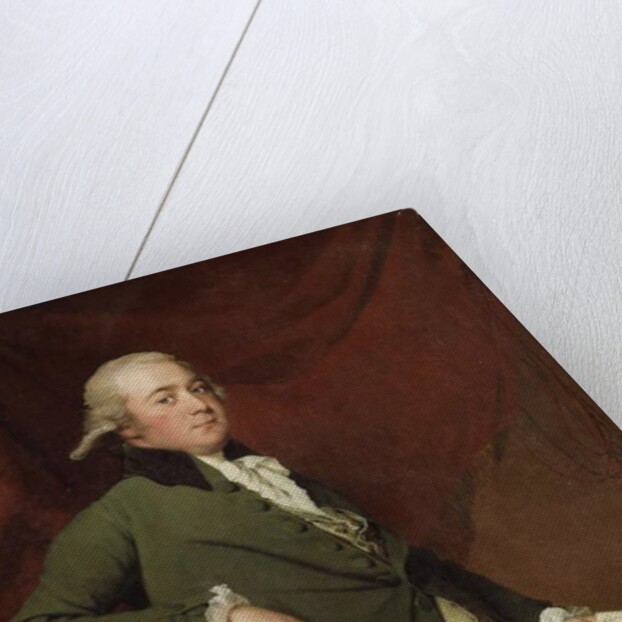 Portrait of Edward Abney, seated three-quarter-length, in a Green Coat, Holding a Letter against a Red Curtain, Late 1780s by Joseph Wright of Derby