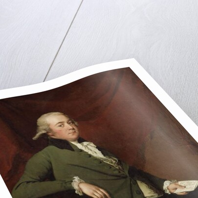 Portrait of Edward Abney, seated three-quarter-length, in a Green Coat, Holding a Letter against a Red Curtain, Late 1780s by Joseph Wright of Derby