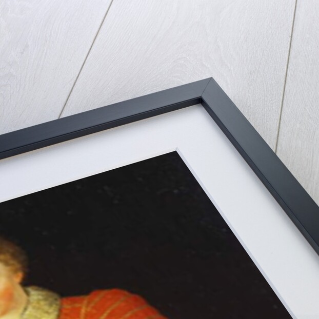 Portrait of a Little Boy, standing full length wearing a Red Dress within a White Lace Collar, holding a Black Hat by Robert the Elder Peake