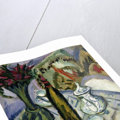 Teapot, Bottle and Red Flowers; Teekanne, Flasche und Rote Blumen, 1912 by Ernst Ludwig Kirchner