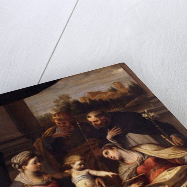 The Madonna and Child with Saints Lucy, Dominic and Louis of France, a landscape with a town through a casement beyond by Annibale Carracci