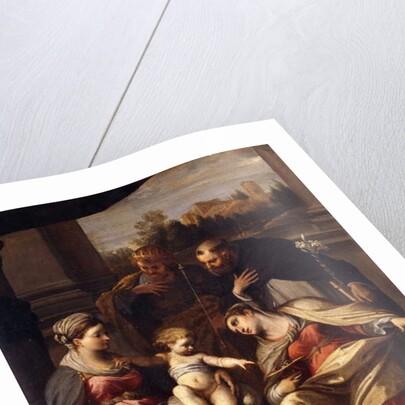 The Madonna and Child with Saints Lucy, Dominic and Louis of France, a landscape with a town through a casement beyond by Annibale Carracci