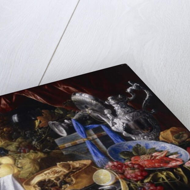 A Pie on a Pewter Plate, a Partly peeled Lemon, A Silver Spoon on a Pewter Plate, Crayfish and Shrimp in a Wanli Kraak Porselein Bowl, 1649 by Jan Davidsz. de Heem