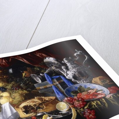 A Pie on a Pewter Plate, a Partly peeled Lemon, A Silver Spoon on a Pewter Plate, Crayfish and Shrimp in a Wanli Kraak Porselein Bowl, 1649 by Jan Davidsz. de Heem