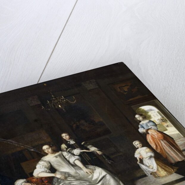 Group Portrait of the Jacott-Hoppesack Family with a Hound in a Sumptuous Classical Interior, a Lady and Gentleman Strolling in a Park Through a Doorway Beyond by Pieter de Hooch