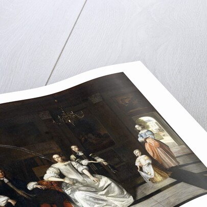 Group Portrait of the Jacott-Hoppesack Family with a Hound in a Sumptuous Classical Interior, a Lady and Gentleman Strolling in a Park Through a Doorway Beyond by Pieter de Hooch