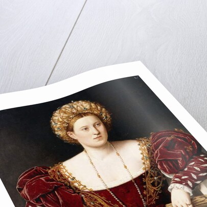 Portrait of a Lady, three-quarter-length, in a burgundy dress with slashed sleeves, holding gloves by Bernardino Licinio