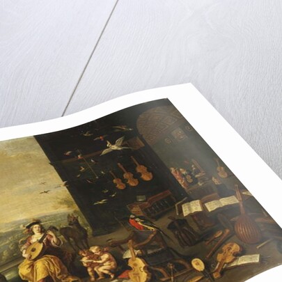 A Personification of Music: A young Woman playing a Lute on a Terrace before an open Gallery by Jan van I & Willemsens Abraham Kessel