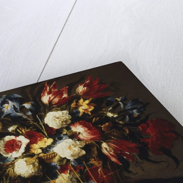 Flowers in a Basket on a stone Ledge by Juan de Arellano