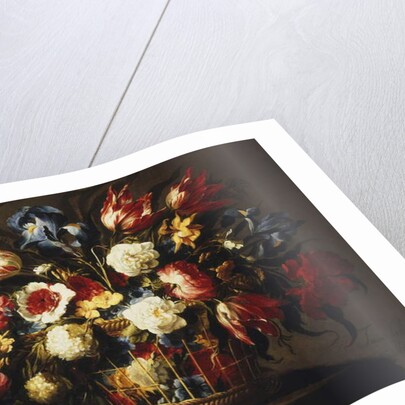 Flowers in a Basket on a stone Ledge by Juan de Arellano