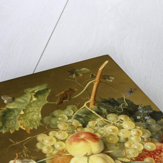 Fruit, Hazelnuts and Hollyhocks on a Marble Ledge by Jan van Huysum