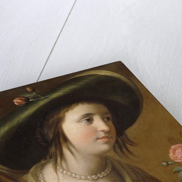 Portrait of Princess Elizabeth II van de Palts as a Shepherdess, bust length, holding a Rose by Gerrit van Honthorst