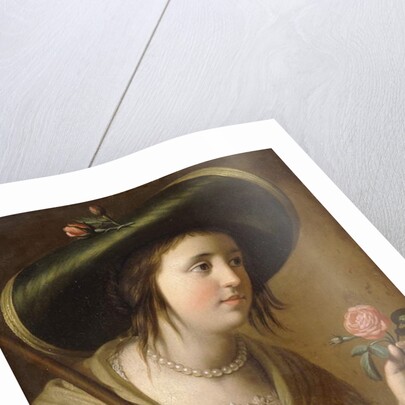 Portrait of Princess Elizabeth II van de Palts as a Shepherdess, bust length, holding a Rose by Gerrit van Honthorst