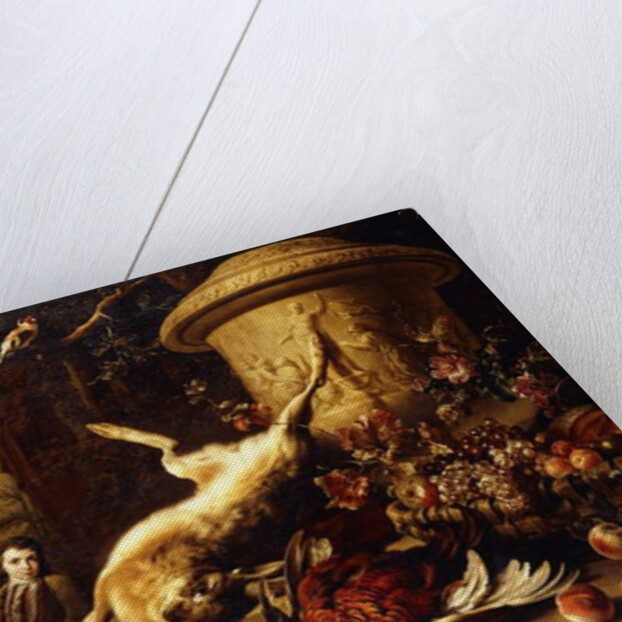 A dead Hare on a plinth by a sculpted Urn with a Basket of Fruit, a dead Pheasant, Mallard, Grouse, Jay and Chaffinch, a Dog watching a Goldfinch and a Boy bearing a Basket of Fruit in a Park, 1705 by Jan Weenix