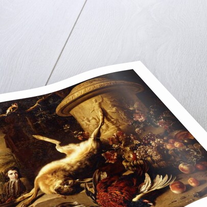 A dead Hare on a plinth by a sculpted Urn with a Basket of Fruit, a dead Pheasant, Mallard, Grouse, Jay and Chaffinch, a Dog watching a Goldfinch and a Boy bearing a Basket of Fruit in a Park, 1705 by Jan Weenix