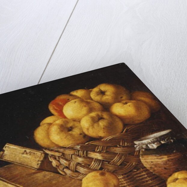 Apples in a Basket, a Jar and Condiment Boxes on a Table by Luis Egidio Menendez or Melendez