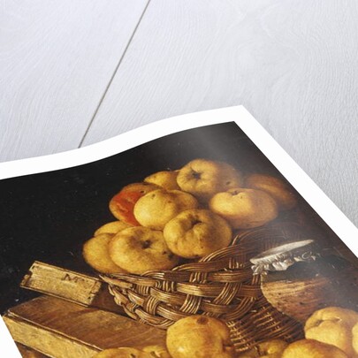 Apples in a Basket, a Jar and Condiment Boxes on a Table by Luis Egidio Menendez or Melendez