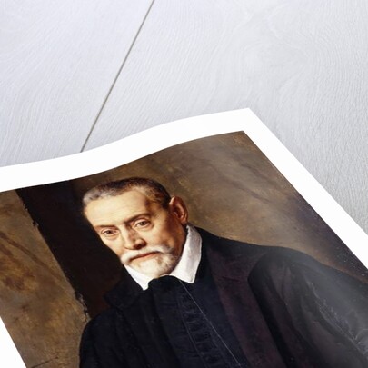 Portrait of an Academic, half-length, in black costume, holding a book by Willem Key