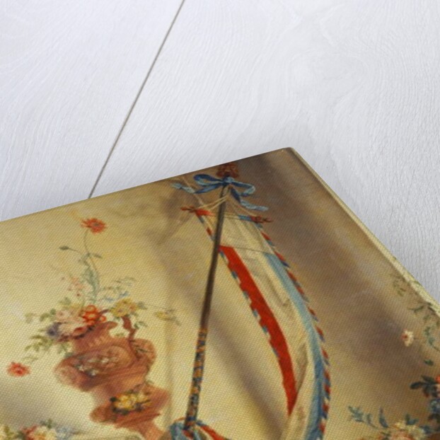 A Banner, Flowers in an Urn, a Relief, a Globe, a Print, a Compass, a Writing Set, Letters and Blaeu's Atlas in a Niche by Gerke Jans de Jager