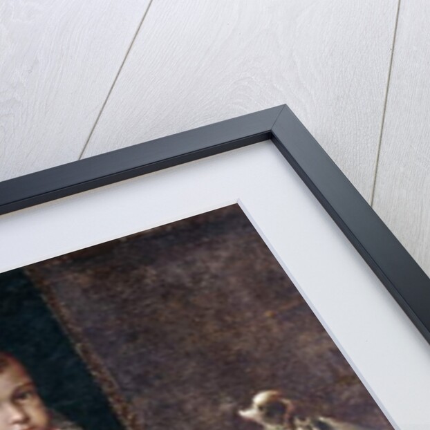 Portrait of a Boy, full-length, wearing a silver-embroidered red costume, holding the paw of a spaniel on a table by Lavinia Fontana