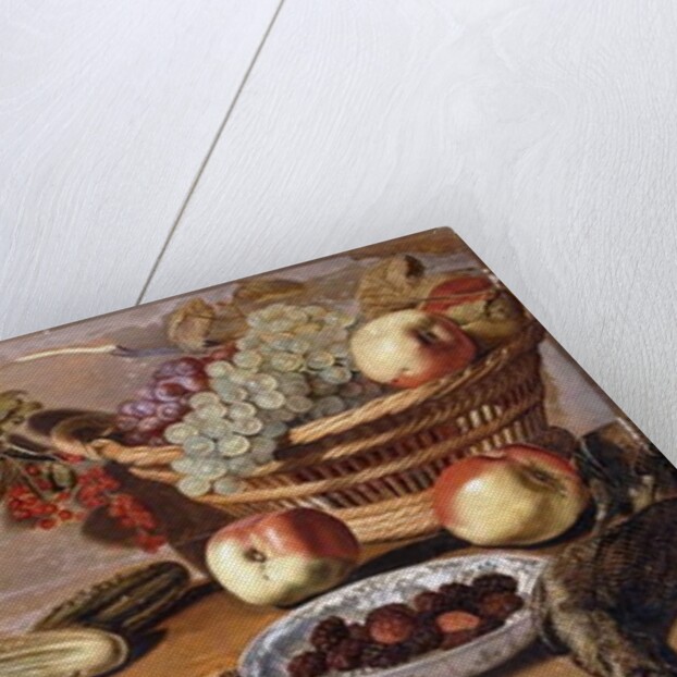 Bowls of Cherries and Blackberries, a Basket of Grapes, Apples and Red currants, a Cabbage, Artichoke, Lemons, Gerkins Nuts, Other Fruit, Dead Snipe and Thrushes on a Table by Robert Willemsz de Baudous