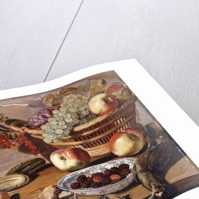 Bowls of Cherries and Blackberries, a Basket of Grapes, Apples and Red currants, a Cabbage, Artichoke, Lemons, Gerkins Nuts, Other Fruit, Dead Snipe and Thrushes on a Table by Robert Willemsz de Baudous