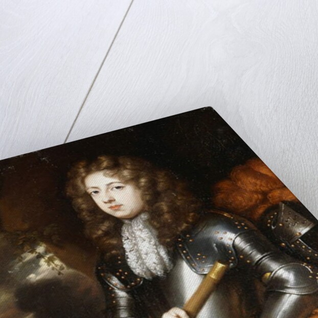 Portrait of a Commander, three-quarter length, in Armour, holding a Baton, his Plumed Helmet on a Rock nearby, a Cavalry Charge beyond, by Caspar Netscher