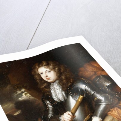 Portrait of a Commander, three-quarter length, in Armour, holding a Baton, his Plumed Helmet on a Rock nearby, a Cavalry Charge beyond, by Caspar Netscher