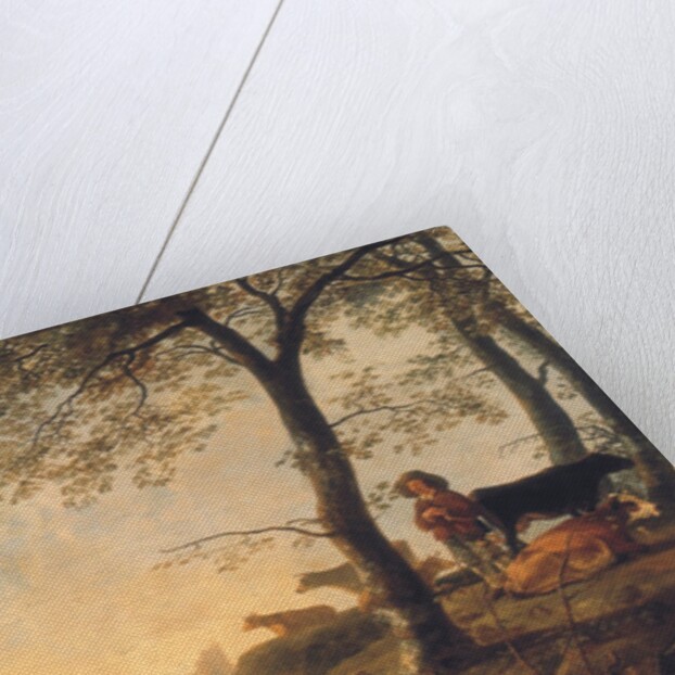 Evening river landscape with a cowherd and cows by the edge of a copse, a bridge and ruins beyond by Abraham van Calraet