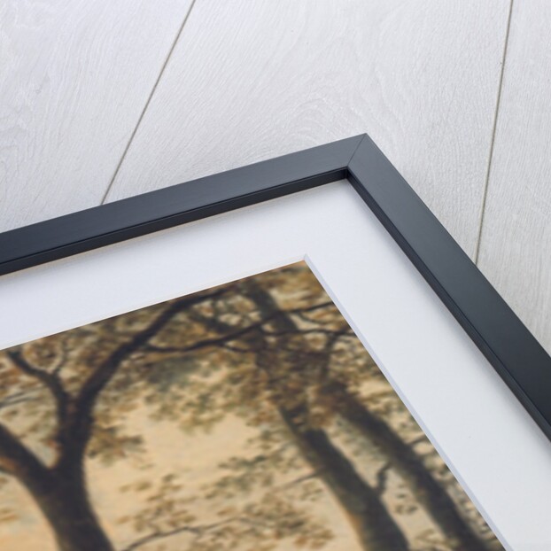 Evening river landscape with a cowherd and cows by the edge of a copse, a bridge and ruins beyond by Abraham van Calraet
