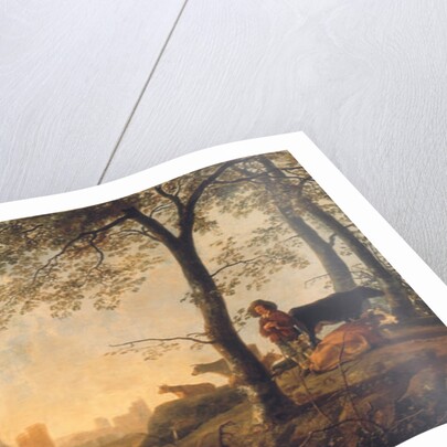 Evening river landscape with a cowherd and cows by the edge of a copse, a bridge and ruins beyond by Abraham van Calraet