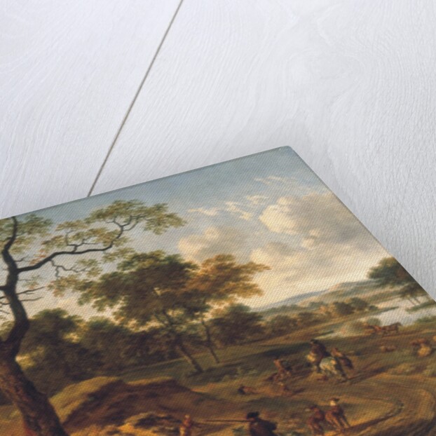 Wooded evening landscape with a hunter and dogs by Adriaen van de & Wynants Jan Velda