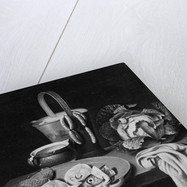 Fish on an earthenware plate, a pail with sausages, a glazed pottery bowl, a cabbage and a cloth on a wooden table by Reinier or Reynier Coveyn or Covyn