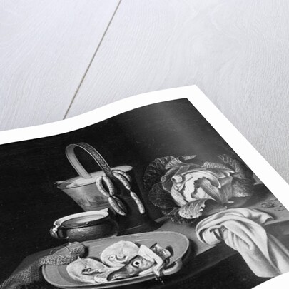 Fish on an earthenware plate, a pail with sausages, a glazed pottery bowl, a cabbage and a cloth on a wooden table by Reinier or Reynier Coveyn or Covyn