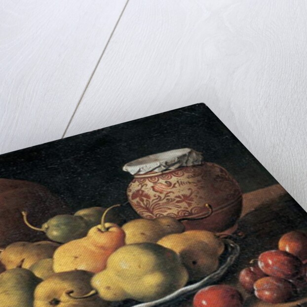 Pears on a plate, a melon, plums and a decorated mansies jar on a wooden ledge by Luis Egidio Menendez or Melendez