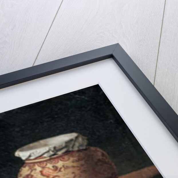 Pears on a plate, a melon, plums and a decorated mansies jar on a wooden ledge by Luis Egidio Menendez or Melendez