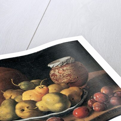 Pears on a plate, a melon, plums and a decorated mansies jar on a wooden ledge by Luis Egidio Menendez or Melendez