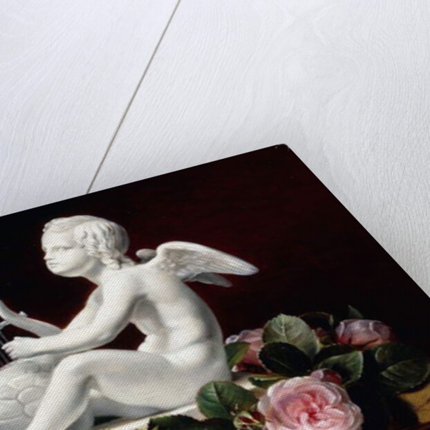 Garland of Pink Roses around Cupid playing a Lyre on a marble ledge, 1841 by Johan Laurents Jensen