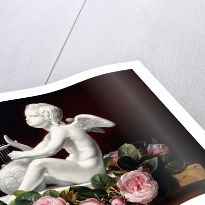 Garland of Pink Roses around Cupid playing a Lyre on a marble ledge, 1841 by Johan Laurents Jensen