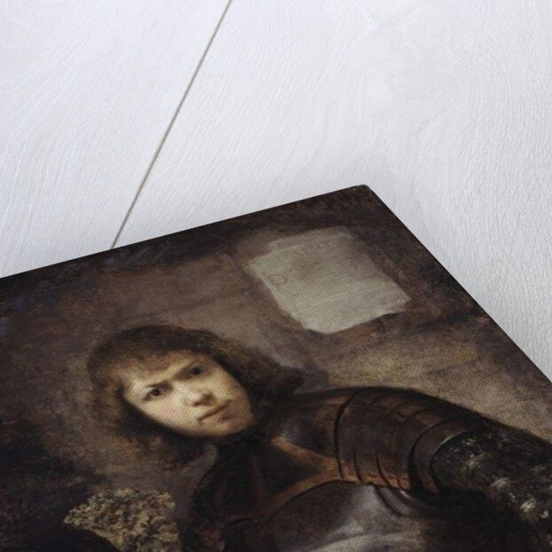 A Soldier, standing three-quarter length, buckling his belt by Willem Drost