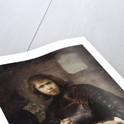 A Soldier, standing three-quarter length, buckling his belt by Willem Drost