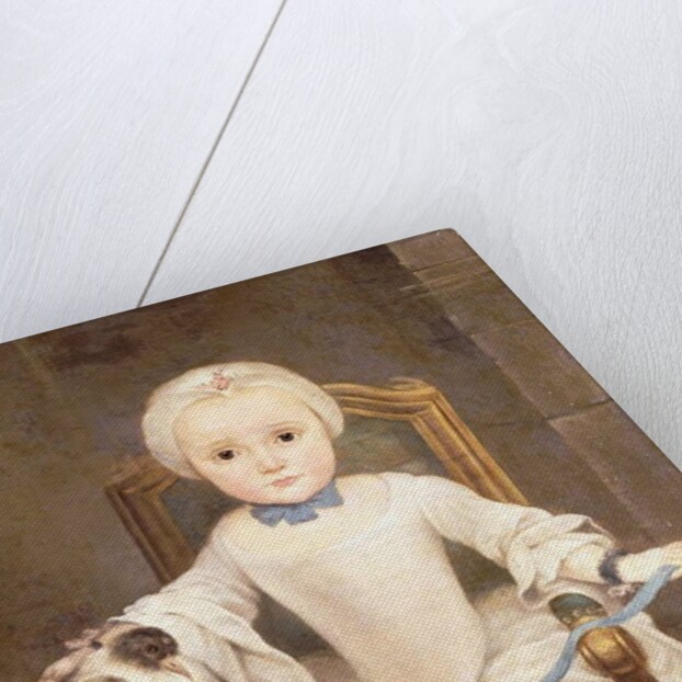 A Young Girl Seated, three-quarter length, wearing an Ivory Dress and Bonnet with a Pigeon by Christian Lindner