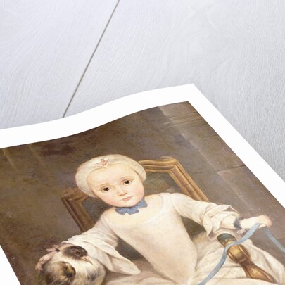 A Young Girl Seated, three-quarter length, wearing an Ivory Dress and Bonnet with a Pigeon by Christian Lindner