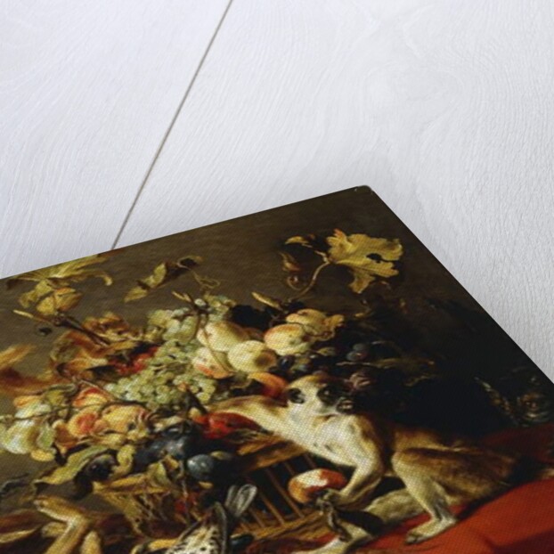 A Basket of Fruit on a Draped Table with Dead Game and a Monkey by Frans Snyders or Snijders