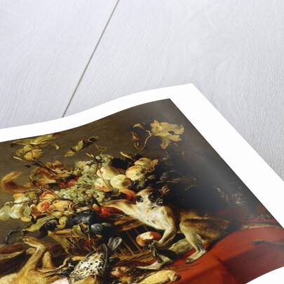 A Basket of Fruit on a Draped Table with Dead Game and a Monkey by Frans Snyders or Snijders