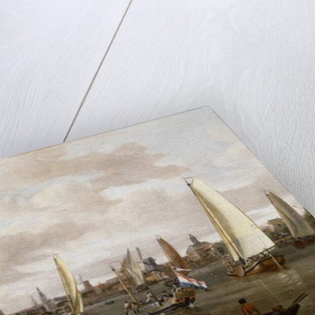 A Panoramic View of Amsterdam with a barge and smallships on the Buiten-Amstel by Abraham Storck