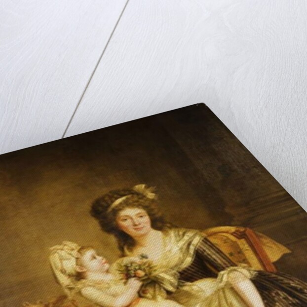 Portrait of a Lady, seated full-length by a table, with her daughter, holding a posey of flowers by Rose Adelaide Ducreux