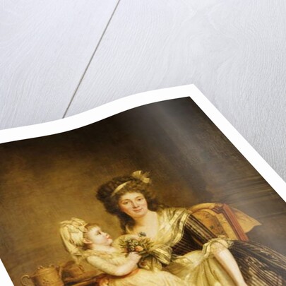 Portrait of a Lady, seated full-length by a table, with her daughter, holding a posey of flowers by Rose Adelaide Ducreux